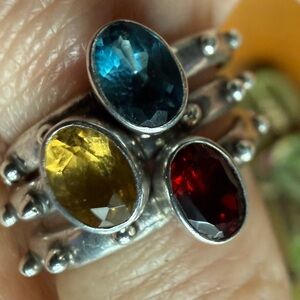 Stackable Silver Ring Set with Blue Topaz, Citrine, and Garnet